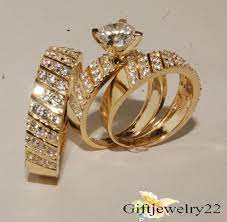 14k Yellow Gold Diamond Bridal Engagement Ring His And Her Trio Wedding Band Set Engagement Rings Bridal Sets Diamond Cluster Engagement Ring Aquamarine Engagement Ring