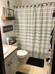 Farmhouse Bathroom White And Grey Shower Curtain Box Shelf Black And White Wooden Arrow Chalk Gray Shower Curtains Farmhouse Bathroom Bathroom Shower Curtains