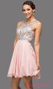 Short Blush Pink Graduation Dress Rhinestone Bodice Illusion Sequin Back And Flowy Chiffon Skir Pink Prom Dresses Short Grad Dresses Short Beaded Bodice Dress