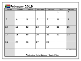 February Calendar 2019 South Africa Holiday Calendar Printable Calendar Printables Calendar March