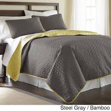 The serene quilt and coordinating shams feature a relaxed gray, white, and blue stripe design. Queen King Gray Grey Bamboo Yellow Reversible 3 Pc Quilt Set Coverlet Bedding Ebay