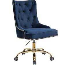 Office Chair W Blue Velvet Upholstery Tufted Buttons Aptdeco Gold Office Chair Desk Chair Velvet Office Chair