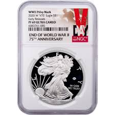 Jun 15, 2021 · 2 021 w proof silver eagle pcgs pr70 dcam type1. 2020 W Wwii 75th Anniversary Privy American Silver Eagle Pf69ucam V Day Label Rare Collectibles Tv