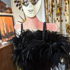 Vintage Dave & Johnny off shoulder ostrich fitted gown 3/4 Maxi