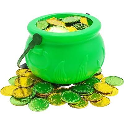 4E's Novelty St. Patrick’s Day Pot of Gold 5 Inch – Green Plastic Cauldron with 100 Lucky Coins, Leprechaun Party Decoration