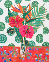 Many of matisse's paintings feature flowers and vases, as he enjoyed painting interiors. Tropical Hibiscus Bouquet Flowers In Vase With Matisse Inspired Wallpaper Painting By Lara Meintjes Saatchi Art