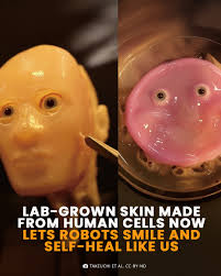 Japanese researchers have created lab-grown human skin that can stretch,  self-heal, and even smile when applied to robots. While it still sits in  the uncanny valley, the tech holds real promise for