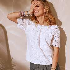 Broderie square neck crop top. Top Broderie Anglaise Blancheporte