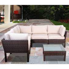 Atlantic Contemporary Lifestyle Infinity Dark Brown 6 Piece All Weather Wicker Patio Seating Set With White Cushions Infinity6 Br The Home Depot Wicker Patio Sectional Wicker Patio Set Patio Seating Sets