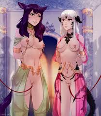 veryhornyoni, final fantasy, final fantasy xiv, absurdres, highres, 2girls,  au ra, bdsm, blush, bondage, bound, bound arms, breasts, clitoris leash,  clitoris piercing, collar, harem outfit, horns, leash, linked piercings,  medium breasts, miqote,