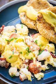 Lobster Scrambled Eggs With Wasabi Hollandaise And Crispy Leek Potato Cakes Recipe Lobster Recipes Scrambled Eggs Recipe Seafood Recipes