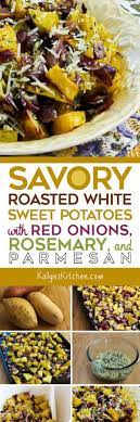 Savory Roasted White Sweet Potatoes With Red Onions Rosemary And Parmesan Are Gre Sweet Potato Recipes Roasted Vegetable Recipes Stuffed Sweet Potato Healthy