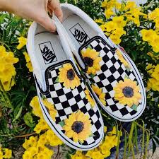 Black And White Checkered Vans With Sunflowers Sunflower Checker Slip On Vans Shoes Fashion Vans Slip On Shoes Custom Vans Shoes