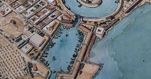 Detail Artist S Overhead View Of The Harbor Complex Or Cothon Of Ancient Carthage With The Outer Rectangular Merchan Carthage Ancient Carthage Ancient Warfare