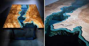 Le matériau généralement utilisé pour l'article table de rivière est bois et noix. Ce Designer Cree Des Tables En Bois Qui Integrent Des Rivieres De Verre