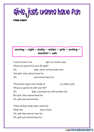 Girls just want to have lunch. krie from ft. Girls Just Wanna Have Fun Worksheet