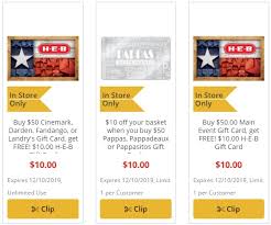 Fyvor has 25 pappadeaux seafood kitchen coupons of march 2021.grab a free promo codes and get your money saved instantly. Expired H E B Buy 50 Select Gift Cards Get 10 H E B Gift Card Free Fandango Darden Cinemark More Gc Galore