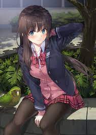 1192072 smiling, vertical, Unasaka, hand between legs, school uniform, blue  eyes, anime girls, brunette, anime, pantyhose - Rare Gallery HD Wallpapers