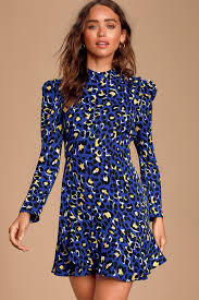 Sophie Blue Leopard Print Ruffled Long Sleeve Dress Long Sleeve Dress Leopard Print Dress Dresses