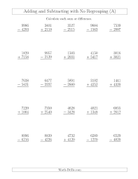 Mixed Addition And Subtraction Of Four Digit Numbers With No Regrouping A Mixed Operat Addition With Regrouping Worksheets Addition Worksheets Math Worksheet