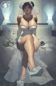 ickpot, udon entertainment, chun-li, capcom, street fighter, highres,  official art, 1girl, bed, breasts, cleavage, dress, high heels, jewelry,  large breasts, lips, necklace, rabbit, sitting, solo, strapless, strapless  dress, toned, toned female, wedding