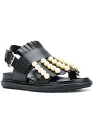 marni flat slingback sandals in black leather with pearls