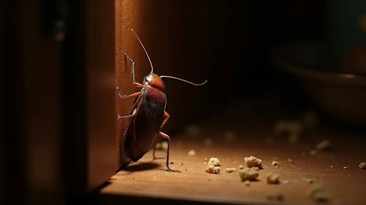 Cockroach hiding in kitchen cabinetry, AI generated