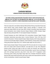 Menurut kenyataan ketua audit negara mengenai laporan ketua audit negara berkenaan penyata kewangan. Bernama Radio Hutang Kerajaan Negeri Pahang Kini Facebook