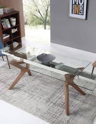 Glass dining table with solid wood base: The Bridge Clear Glass Rectangular Extendable Table