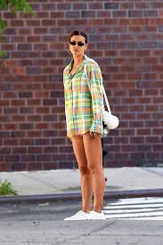 Joan smalls, candice swanepoel, and irina shayk on vogue greece december 2020 cover. Irina Shayk In Oversize Pastel Plaid Shirt And Cut Off Jeans Nyc 06 05 2020 Celebmafia