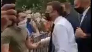 French president emmanuel macron was slapped in the face on tuesday by a man in a crowd of onlookers while on a walkabout in southern france, video of the incident showed. 5roushjrvqk3 M