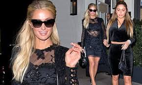 Elsa hosk's work from home look brings the runway into real life. Paris Hilton Slips Into Sheer Lbd And Nude Fishnet Tights For Dinner With Larsa Pippen Daily Mail Online