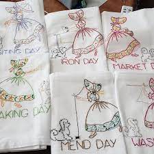 Set Of 7 Hand Embroidered Kitchen Towels With Apron Days Of Etsy Tea Towels Embroidery Dish Towel Embroidery Vintage Towels