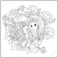 Unicorn coloring pages for kids, girls, boys, and teens: Cute Girl And Unicorn In Roses Garden Outline Drawing Coloring Royalty Free Cliparts Vectors And Stock Illustration Image 87673007
