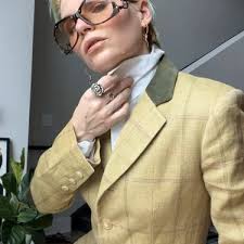 Vintage Adolfo Mustard Yellow Gold Linen Blend Blazer Jacket, Size 10