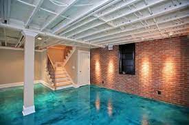 I have had these peel just like paint. Basement Ideas Basement Stained Concrete Floor With Water Illusion Paint Ideas Astonishing Basement Flooring Options Painted Concrete Floors Concrete Floors