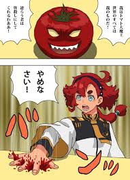 shideboo (shideboh), suletta mercury, attack of the killer tomatoes,  gundam, gundam suisei no majo, commentary request, highres, translation  request, 1girl, ahoge, aqua eyes, asticassia school uniform, black  hairband, comic, crossover, gundam aerial slap ...