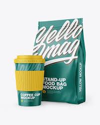 Matte Stand Up Bag With Coffee Cup Mockup In Bag Sack Mockups On Yellow Images Object Mockups