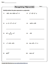 Classifying polynomials writing polynomials in standard form simplifying polynomials adding polynomials subtracting polynomials multiplying monomials. Recognizing Polynomials Worksheets