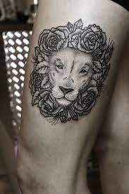 Line Work Lion With Rose Mane Tattoos Line Work Tattoo Sunflower Tattoos