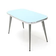 The four matching chairs have chrome legs, red vinyl seats, and white vinyl backrests. Italian Mid Century Dining Table With Azure Formica Top 1950s 86920