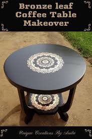 This table is best for smaller living rooms because of its round shape. Coffee Table Gets A Bronze Leaf Makeover Unique Creations By Anita Coffee Table Makeover Table Makeover Painted Table