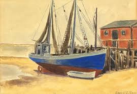 Ernest Perry (1875-1959) Boat at Dock, Watercolor, 8 1/4 x 12" sight, 16 x  20" framed