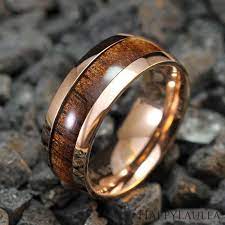 Stainless Steel Ring With Koa Wood Inlay 8mm Width Rose Gold Ip Barrel Style Mens Jewelry Rings For Men Wedding Men
