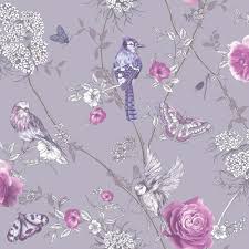Birds And Butterflies Wallpaper Arthouse Paradise Garden Lilac Wallpaper 692404 Glitter Wallpaper Bird Wallpaper Purple Wallpaper