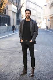 Black And Brown Outfits Male A Black Tee Black Jeans Brown Boots A Grey Blazer For A Casual Work Look Mens Outfits Men Casual Mens Casual Outfits