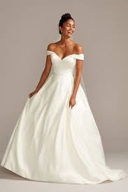 Off The Shoulder Satin Ball Gown Wedding Dress David S Bridal Ball Gowns Wedding Petite Wedding Dress Davids Bridal Wedding Dresses