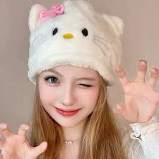 New Sanrio Hello Kitty Cap Cute Cartoon Kitty Head Cap Plush Thickened  Winter Warm Hat Girls Birthday Gift Toys Y2K Hat