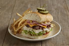 Bj S Deep Dish Pizza Large Half Triple Decker Sliced Turkey Roast Beef Ham Cheddar And Swiss Cheese Tomato And Lettuce Drizzled With Italian Dres Sliced Turkey Lunch Specials Lunch