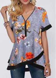 Casual floral print paneled short sleeves blouse. Floral Print Notch Neck Contrast Piping Blouse Modlily Com Usd 27 57 Ladies Blouse Designs Trendy Tops For Women Dress Stores Online